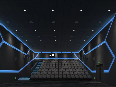 Modern Cinema Auditorium With Rows Of Seats Blue Geometric Lighting And Ceiling Lights 3d model