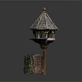 Wooden Birdhouse With Pagoda Style Roof And Multiple Ports Perched On Tree Stump