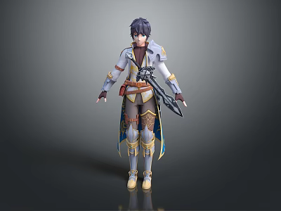 Game and Movie Fantasy Character With Purple Hair White Blue Outfit Golden Accents Holding Sword 3d model