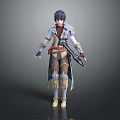 Game and Movie Fantasy Character With Purple Hair White Blue Outfit Golden Accents Holding Sword