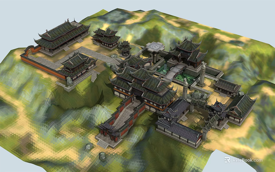 Ancient Chinese Architectural Complex With Traditional Roofs And Mountainous Surroundings 3d model 