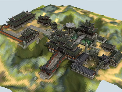 Ancient Chinese Architectural Complex With Traditional Roofs And Mountainous Surroundings 3d model