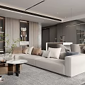 Modern Living And Dining Room With Beige Sofa Coffee Table Green Plants And Large Windows