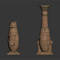 Ancient Stone Sculpture Carvings with Textured Surfaces and Various Shapes on Square Bases