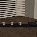 Traditional Tea Set With Black Tray Teapot And Three Teacups On Wooden Table