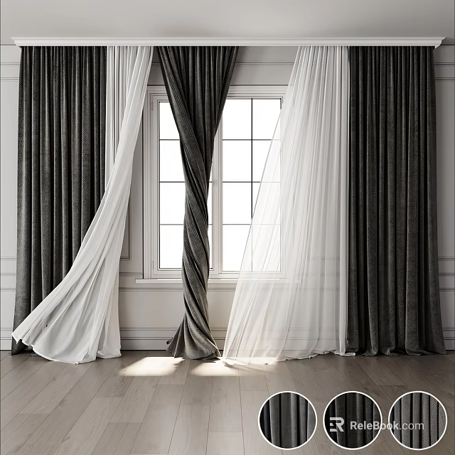 Dark Velvet And White Sheer Double Layer Curtains For Elegant Living Room Window 3d model 