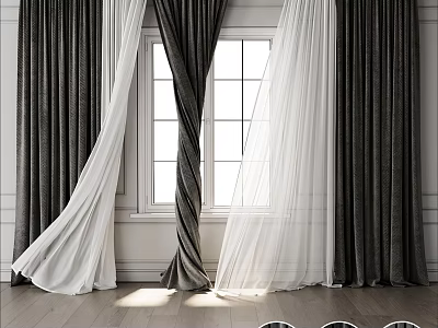 Dark Velvet And White Sheer Double Layer Curtains For Elegant Living Room Window 3d model