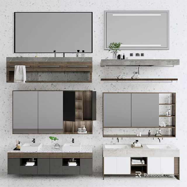 Various Modern Washbasin Designs with Mirrors Cabinets Countertops and Toiletries 3d model 