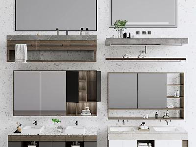 Various Modern Washbasin Designs with Mirrors Cabinets Countertops and Toiletries 3d model