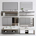 Various Modern Washbasin Designs with Mirrors Cabinets Countertops and Toiletries