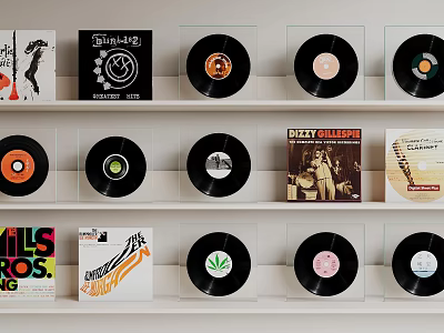 Musical Instruments Art Supplies Featuring Vinyl Records And Record Covers Neatly Arranged On White Shelves 3d model
