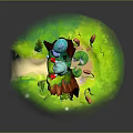 Cartoon Frog Sitting On Green Grassy Hill With Small Stream Glowing Lights And Colorful Mushrooms