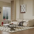 Modern Living Room Interior With Beige Sofa Geometric Rug Coffee Table Window And Wall Art