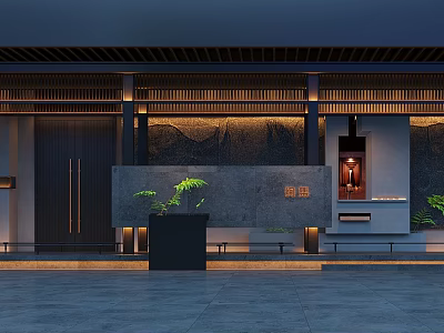 Modern Elevator Hallway With Stone Wall Green Plants And Lighting Design 3d model