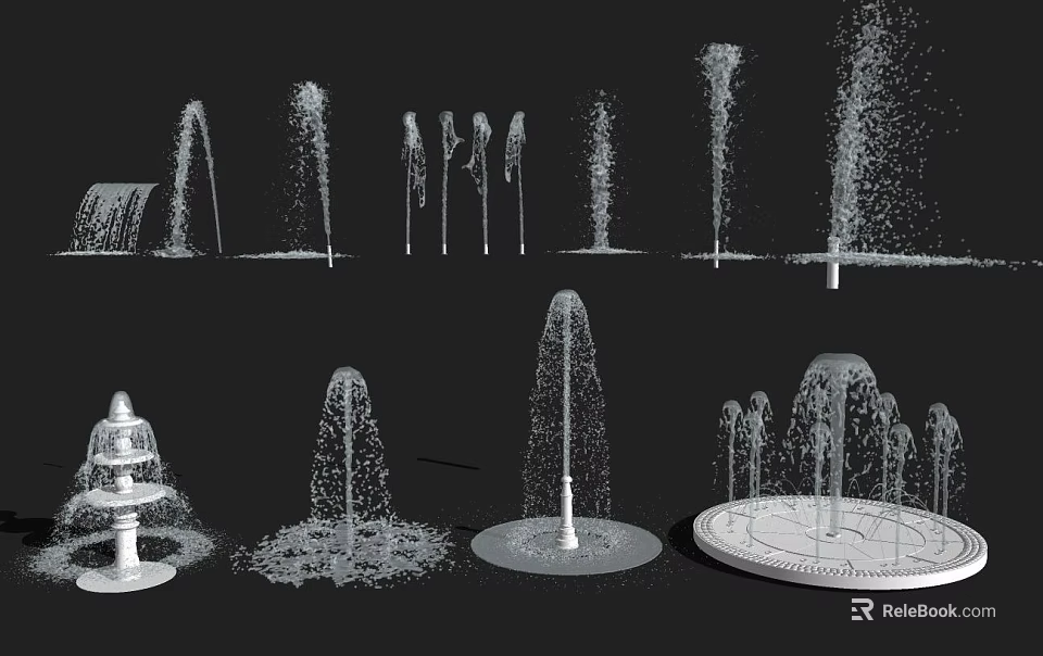 Different Types of Decorative Fountains with Various Water Jets and Base Designs 3d model 
