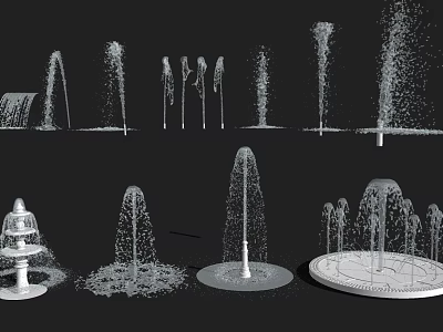 Different Types of Decorative Fountains with Various Water Jets and Base Designs 3d model