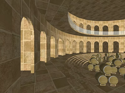 Circular Building Interior Featuring Arched Doorways Stone Tile Floor Arranged Wooden Barrels And Circular Balcony 3d model