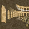 Circular Building Interior Featuring Arched Doorways Stone Tile Floor Arranged Wooden Barrels And Circular Balcony
