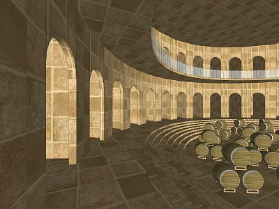 Circular Building Interior Featuring Arched Doorways Stone Tile Floor Arranged Wooden Barrels And Circular Balcony 3d model