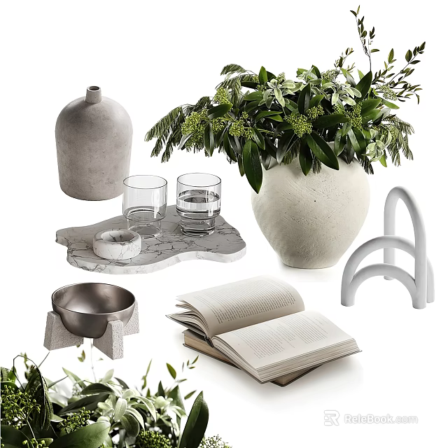 Minimalist Decorative Ornament Set With Green Plants Vase Glass Cups Tray And Open Book 3d model 