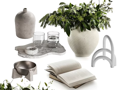Minimalist Decorative Ornament Set With Green Plants Vase Glass Cups Tray And Open Book 3d model