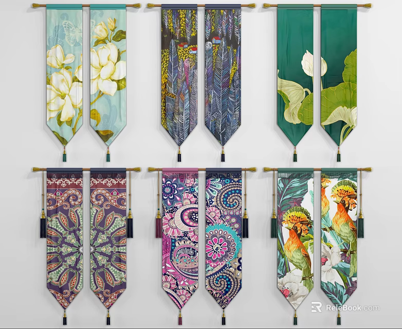 Stylish Decorative Kitchen Curtains With Floral Bird Leaf And Geometric Patterns 3d model