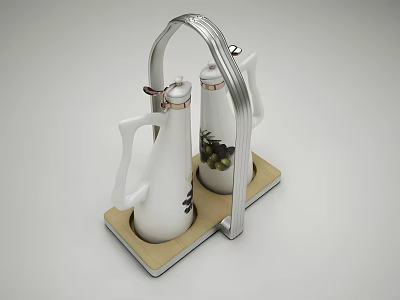 White Olive Pattern Oil Bottles With Wooden Tray And Metal Stand For Kitchen Use 3d model