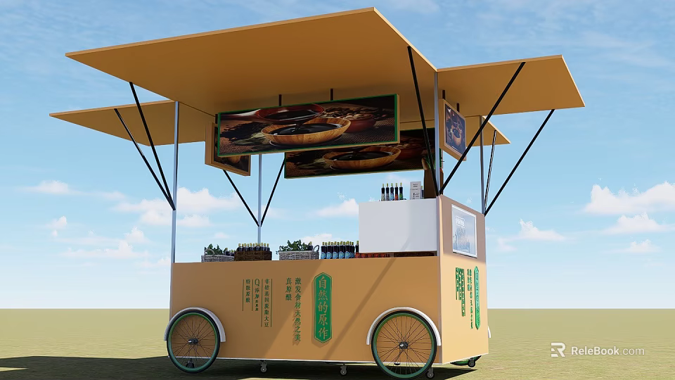 Ground Stack Mobile Food Cart With Canopy Wheels Signboard And Displayed Food Drinks 3d model 