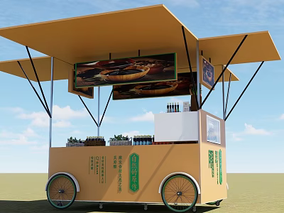 Ground Stack Mobile Food Cart With Canopy Wheels Signboard And Displayed Food Drinks 3d model