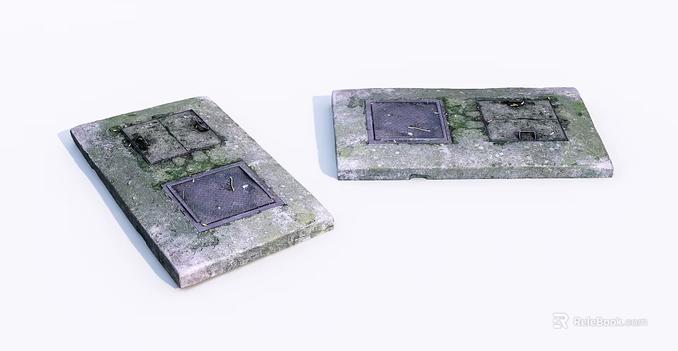 Durable Road Infrastructure Concrete Slabs With Metal Covers And Mossy Surfaces 3d model 