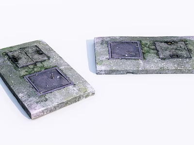 Durable Road Infrastructure Concrete Slabs With Metal Covers And Mossy Surfaces 3d model