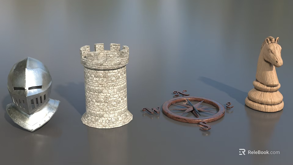 Vintage Medieval Decorative Scene With Castle Tower Helmet Compass And Hourglass 3d model 