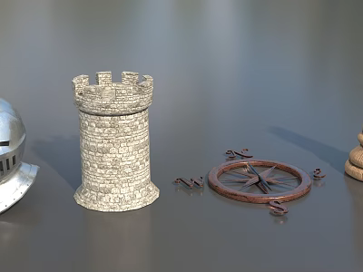 Vintage Medieval Decorative Scene With Castle Tower Helmet Compass And Hourglass 3d model