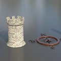 Vintage Medieval Decorative Scene With Castle Tower Helmet Compass And Hourglass
