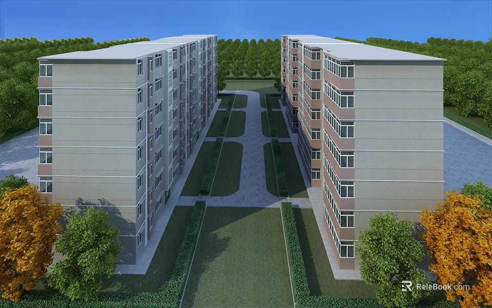 Twin Residential Buildings Exterior View With Central Pathway Green Landscaping Trees And Blue Sky 3d model 
