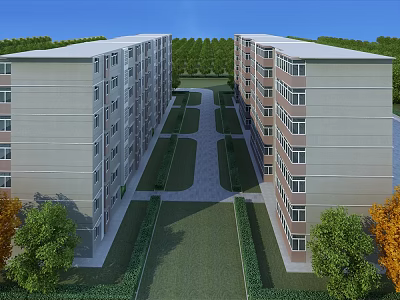 Twin Residential Buildings Exterior View With Central Pathway Green Landscaping Trees And Blue Sky 3d model