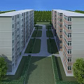 Twin Residential Buildings Exterior View With Central Pathway Green Landscaping Trees And Blue Sky