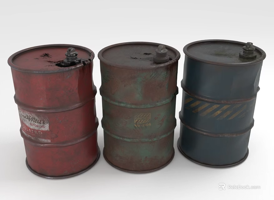 Three Vintage Rusted Oil Barrels In Red Green And Blue With Lids 3d model 