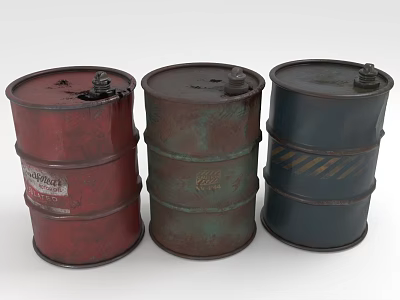 Three Vintage Rusted Oil Barrels In Red Green And Blue With Lids 3d model