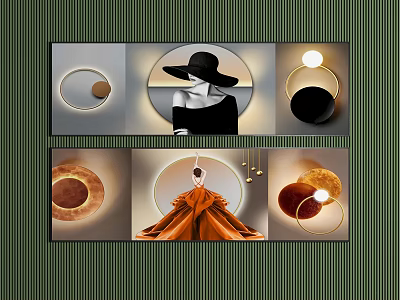 Modern Art Decor Design With Female Silhouette Orange Drapery Circular Elements And Lighting Effects 3d model