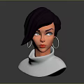 Game Movie Character 3D Model With Black Short Hair Blue Eyes Large Earrings White Turtleneck