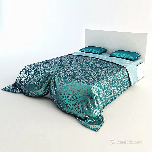 Double Bed With White Headboard Teal Patterned Bedspread And Blue Pillows 3d model 