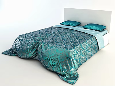 Double Bed With White Headboard Teal Patterned Bedspread And Blue Pillows 3d model