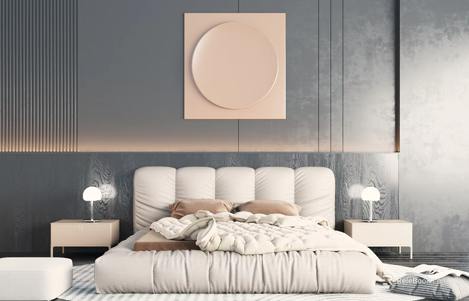 Modern Double Bed in Contemporary Bedroom with Circular Artwork Nightstands and Table Lamps 3d model 