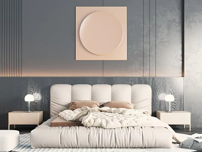 Modern Double Bed in Contemporary Bedroom with Circular Artwork Nightstands and Table Lamps 3d model