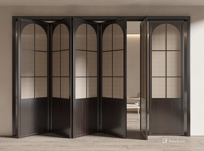Modern Folding Door With Dark Frame And Grid Glass Panels 3d model