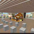 Modern Event Stage With Orange Backdrop Digital Screen White Cube Seats And Decorative Plants