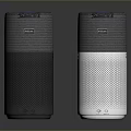 Two Modern Smart Speakers with Gray and White Cylindrical Mesh Surface and Top Indicator Lights