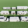 Various White Caravans With Different Sizes Parked On Green Grass Field 3d model