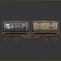 Vintage Train Model Featuring Rusty Green Brown Cargo Cars With Advertisements And Reflective Surface